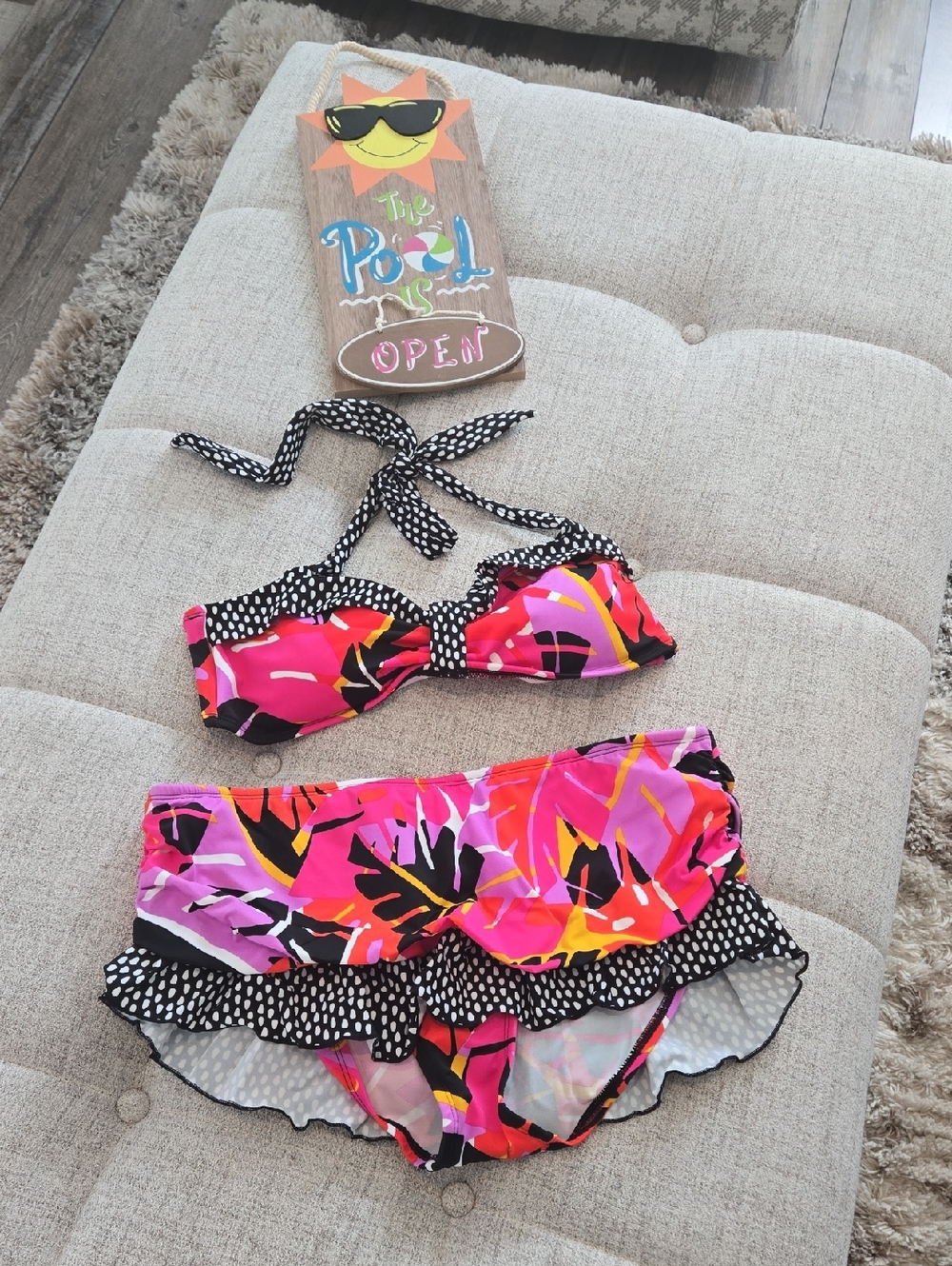 24th & Ocean Vibrant Pink Tropical Two-Piece Swimsuit with Polka Dot Trim
